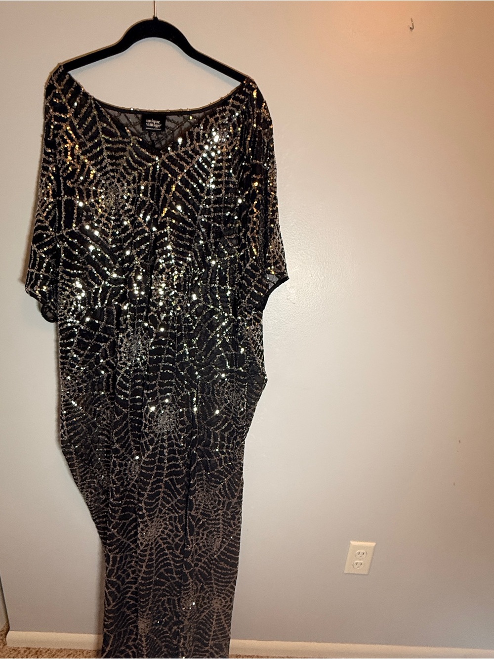 Unique Vintage Black Spider Web Sequin Caftan One Size Plus